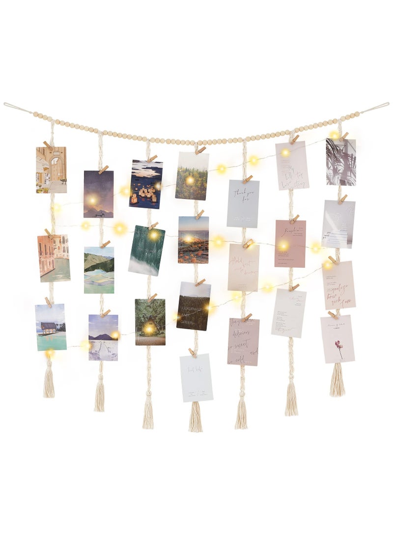 YelaJoy Hanging Photo Display Wall Decor with String Lights, Boho Wooden Beads Garland Collage Picture Card Frame Holder with 45 Clips for Bedroom Living Room Dorm, Teen Girls Gifts - Image 1